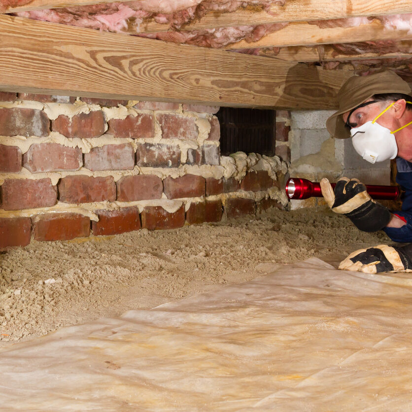 Termite inspector in residential crawl space inspects a foundation for termites.